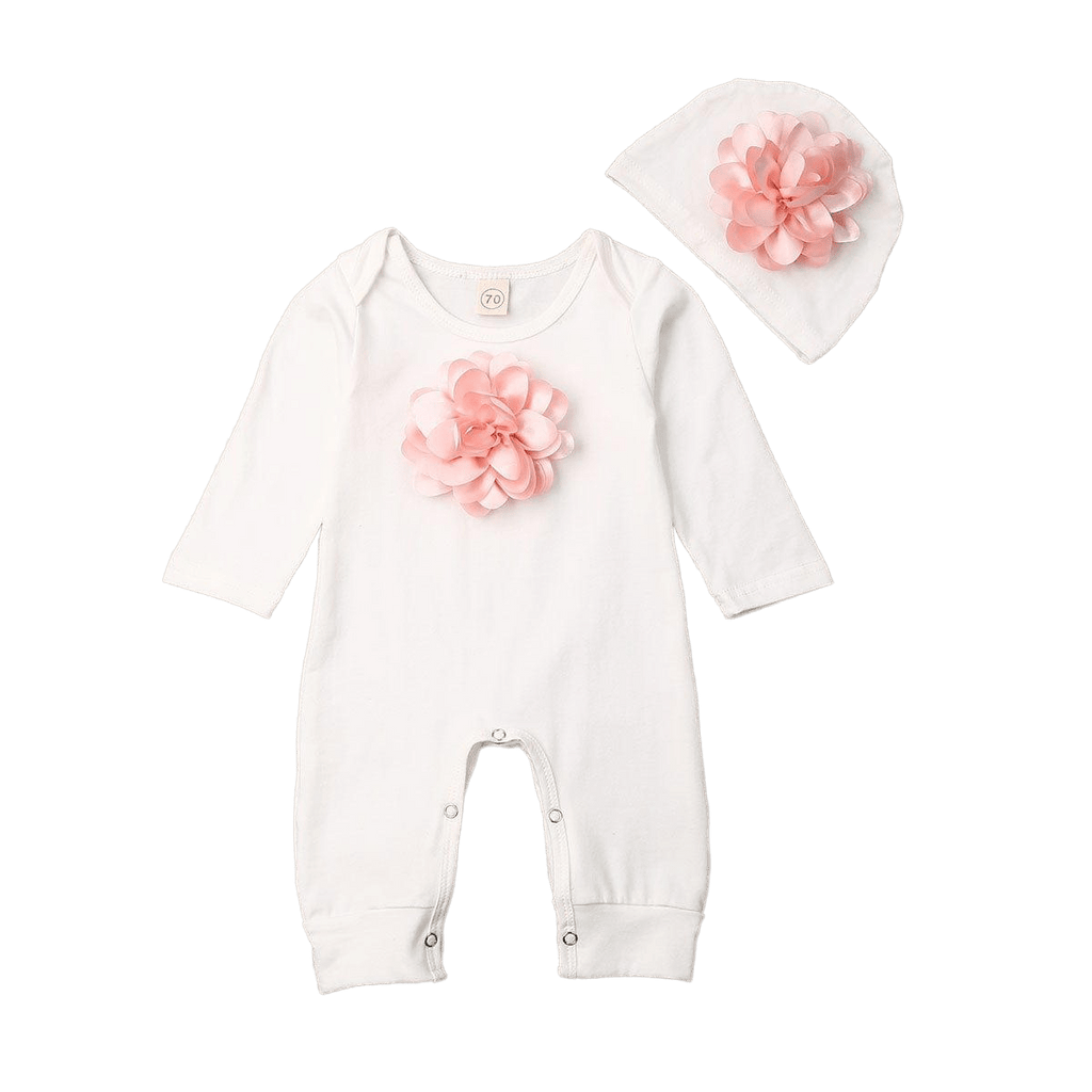 kids and babies Adorable 3-D Flower Babies Romper + Cap Set - White -The Palm Beach Baby