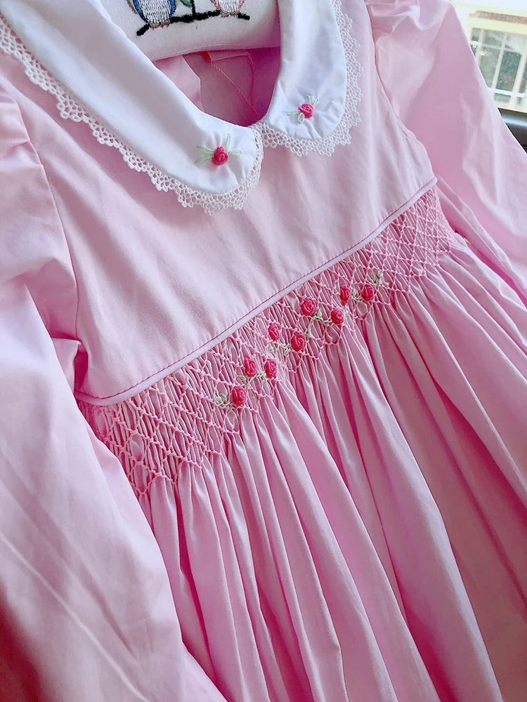 Embroidered Long-Sleeved Smocked Dress - Princess Pink