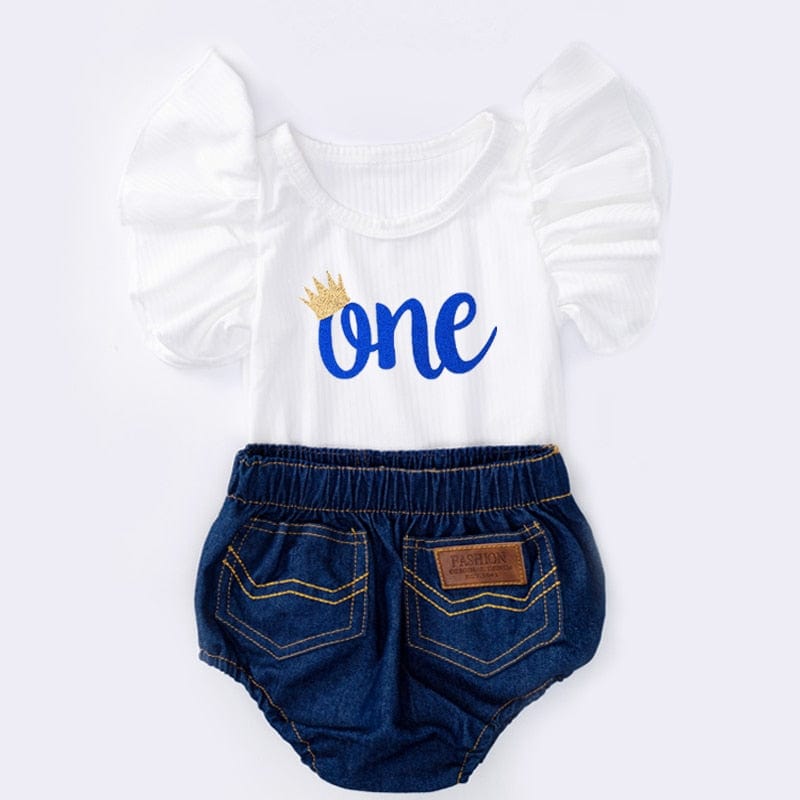 babies and kids Clothing 2pcs Romper Short 2 / 3M / CN "Pammy-Ann" Embroidered Birthday Denim Bloomers 2 PC Set -The Palm Beach Baby