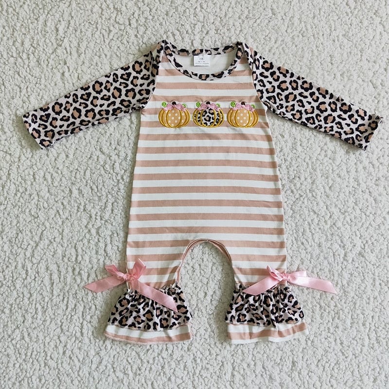 babies and kids Clothing LR0134 / 0-3M Fall-Fun Girls Striped Leopard Pumpkin Romper -The Palm Beach Baby