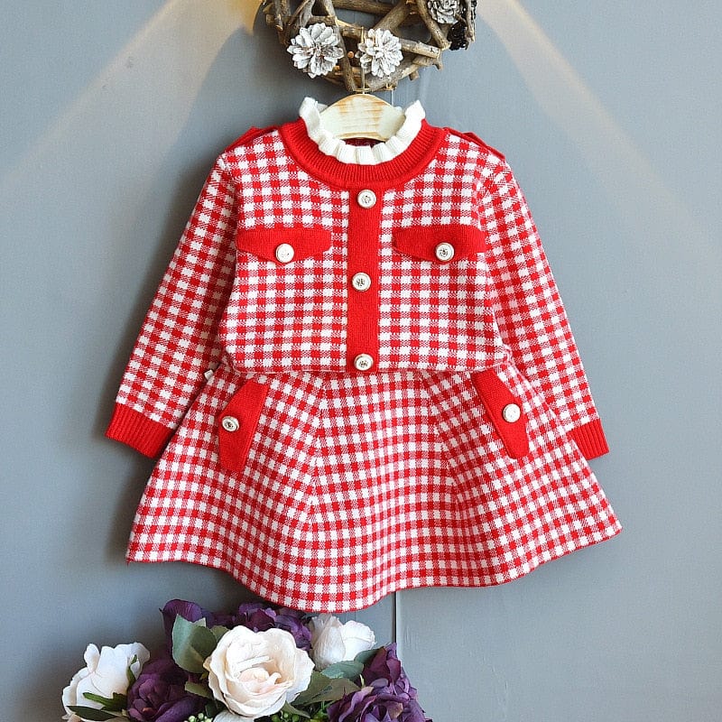 babies and kids Clothing red / 2T Classic "Anna-Marie" 2 PC Houndstooth Knit Skirt Set - Red -The Palm Beach Baby