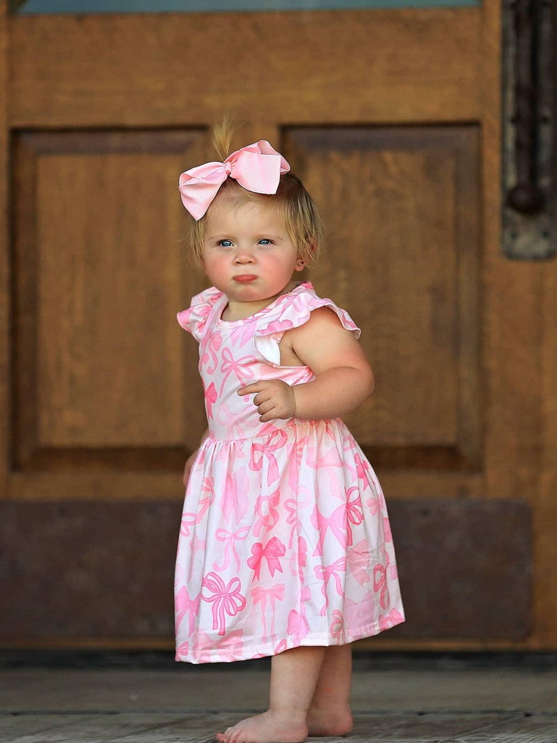 Pink Bow Print Dress for Girls