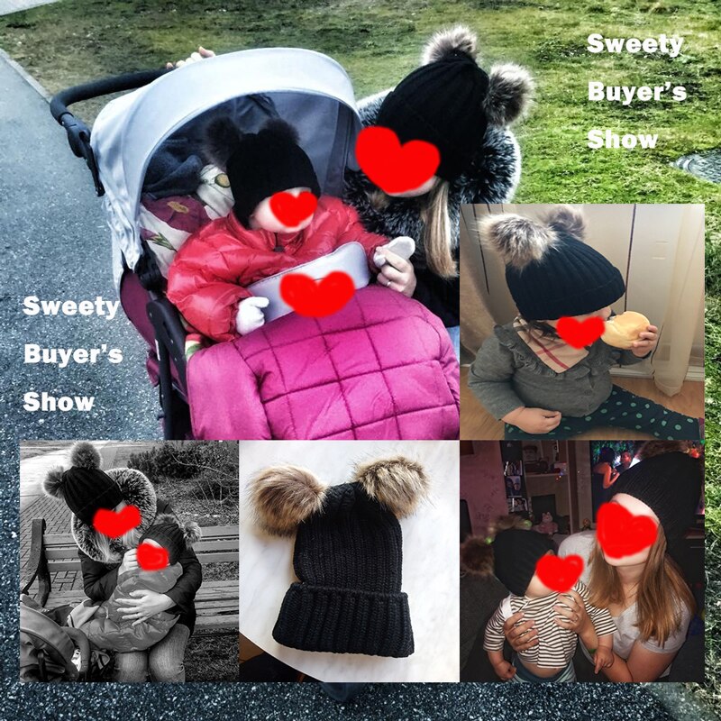 Parent-child Caps Cute Infant Baby Pompon Winter Hat Double Fur Ball Hat Mother Kids Warm Knitted Hat Newborn Beanie Cap