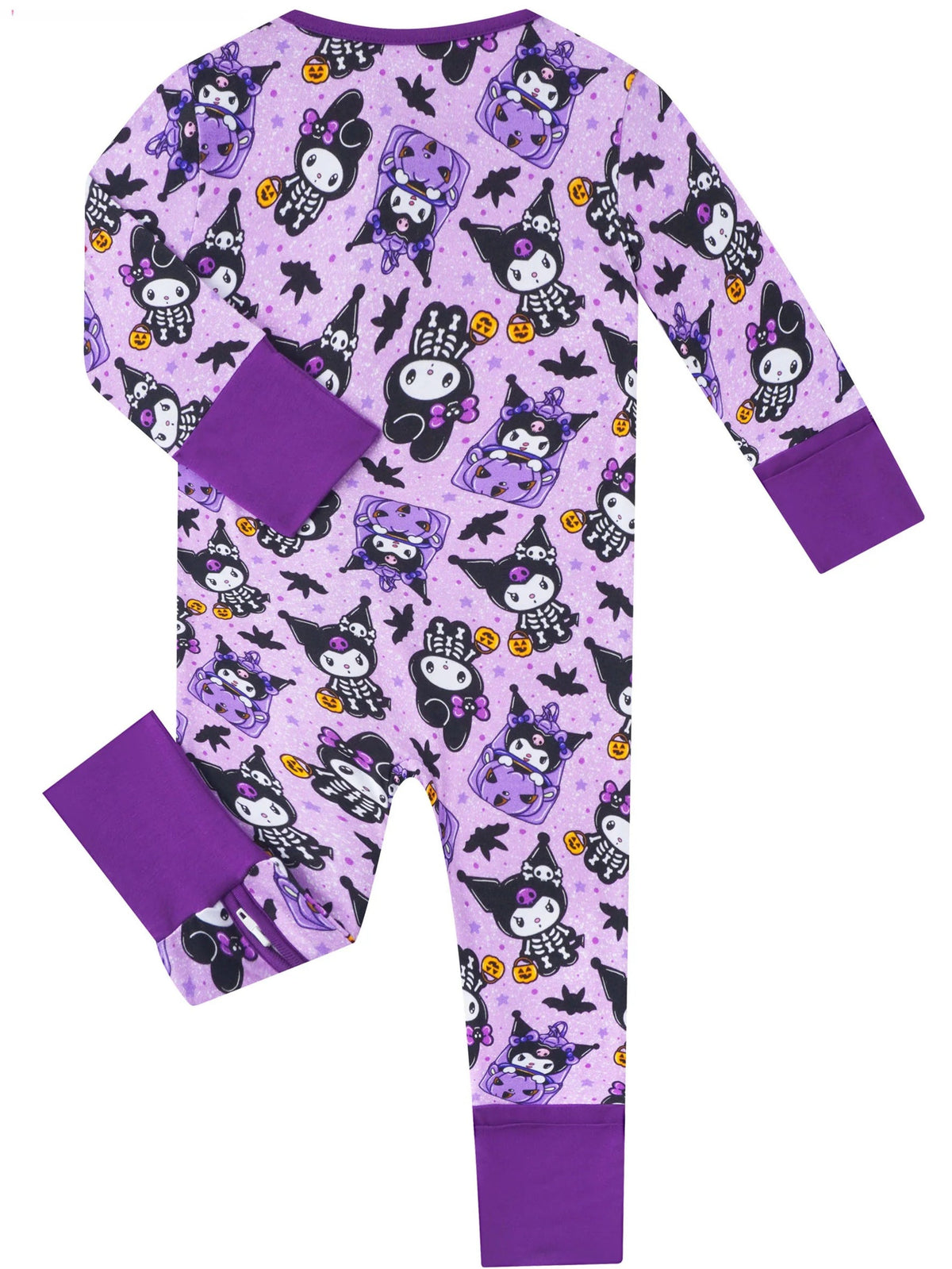Back view of purple Kuromi romper showing fold-over mitten on sleeve and elastic ankle cuff