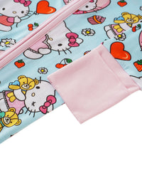 Detail of solid pink fold-over cuff on light blue Hello Kitty patterned baby onesie sleeve