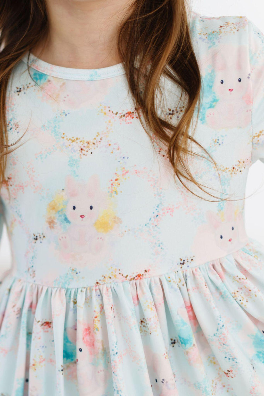 Bunny Dreams 3/4 Sleeve Pocket Twirl Dress for Girls, perfect for twirling adventures and school events.