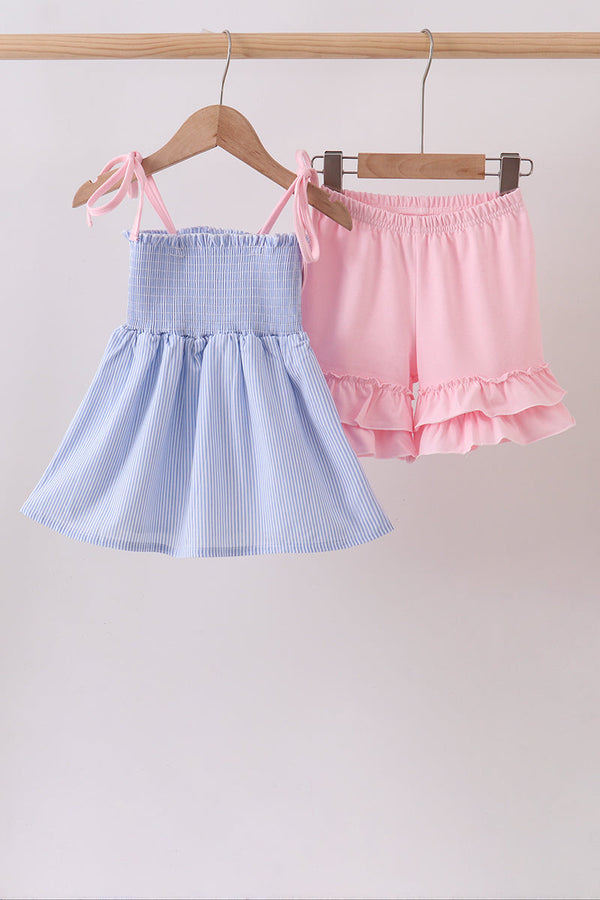 Abby & Evie Blue Stripe Bow Smocked Seersucker Shorts Set: blue striped top with bows, pink ruffled shorts