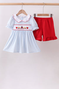 Blue School Bus Smocked Ruffle Shorts Set