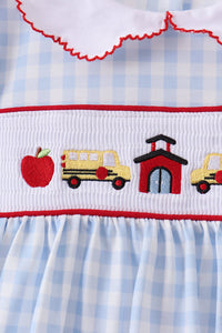 Blue School Bus Smocked Ruffle Shorts Set