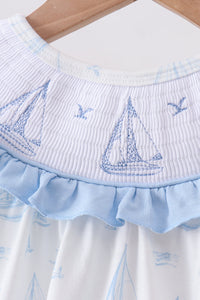 Blue Sailboat Smocked Ruffle Bubble