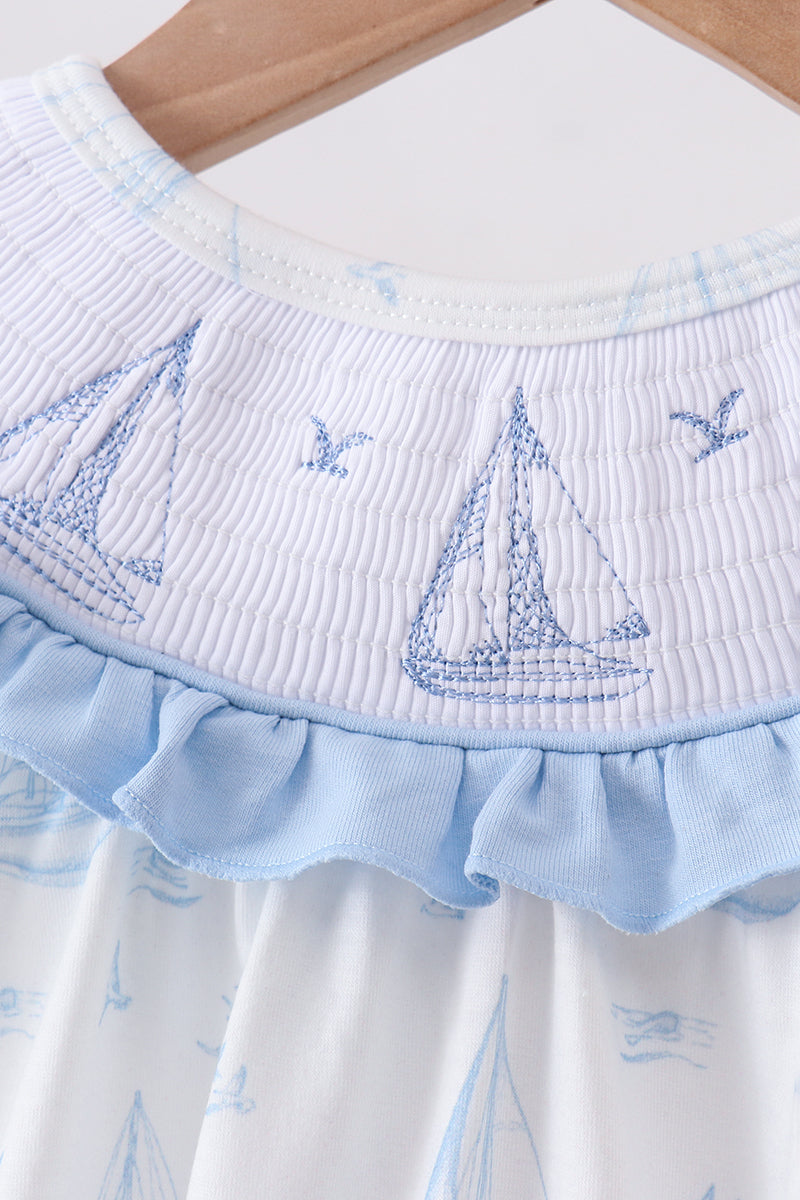 Blue Sailboat Smocked Ruffle Bubble romper neckline with embroidered sailboats and light blue trim
