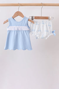 Blue Sailboat Smocked Scalloped Bloomer Set