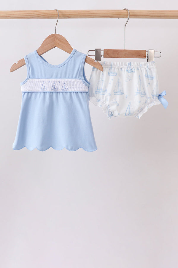 Blue Sailboat Smocked Scalloped Bloomer Set for Little Girls - The Palm Beach Baby Abby & Evie