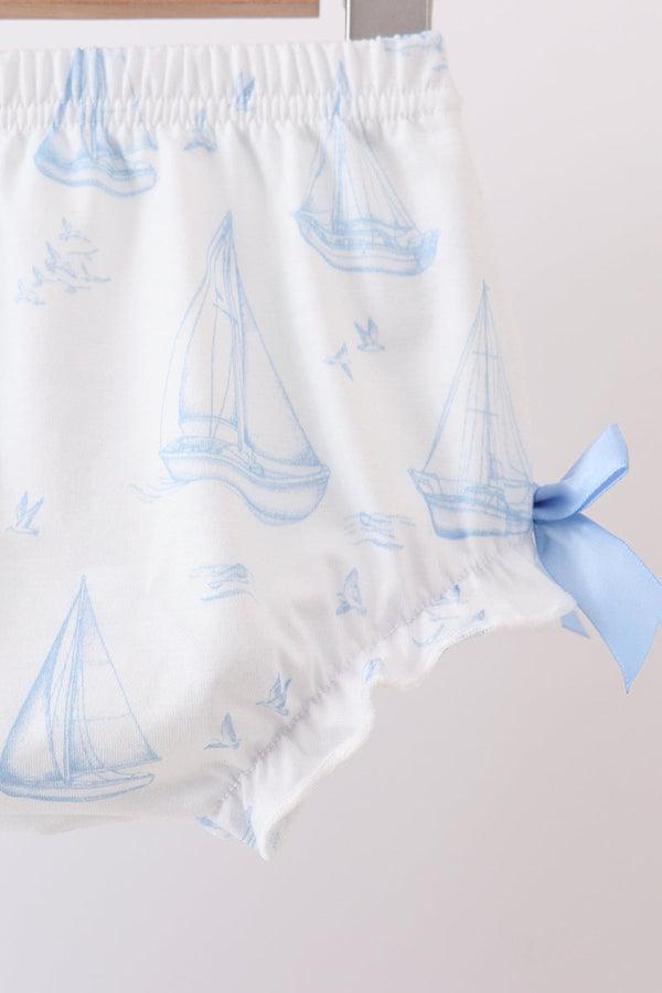 Blue Sailboat Smocked Scalloped Bloomer Set for Little Girls - The Palm Beach Baby Abby & Evie