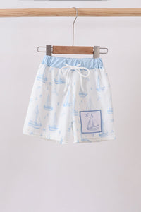 Blue Sailboat Embroidered Swim Trunks