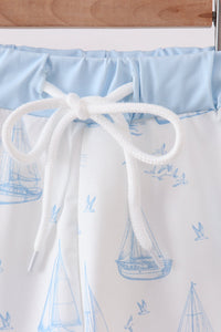 Blue Sailboat Embroidered Swim Trunks