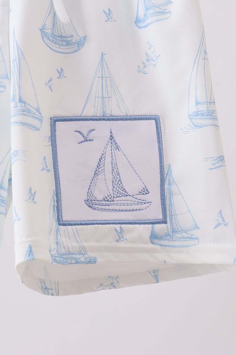 Blue Sailboat Embroidered Swim Trunks