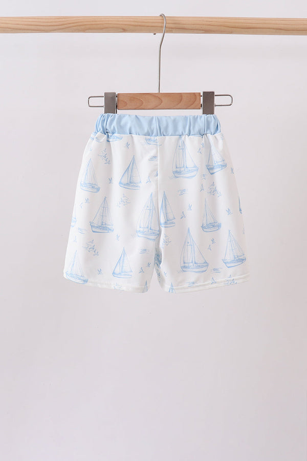 Blue Sailboat Embroidered Swim Trunks