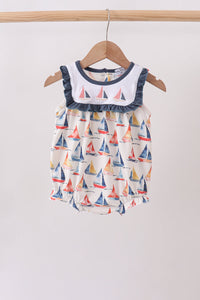 Blue Sailboat Embroidered Ruffle Bubble for Little Girls - The Palm Beach Baby