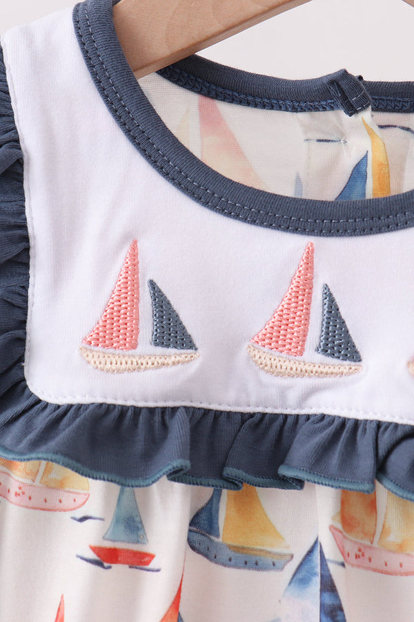 Blue Sailboat Embroidered Ruffle Bubble for Little Girls