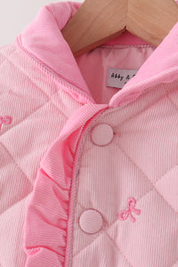 Pink corduroy bow embroidery ruffle jacket