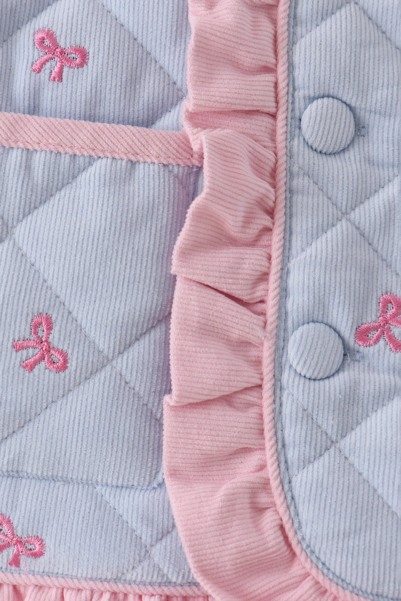 Blue Corduroy Bow Embroidered Ruffle Jacket