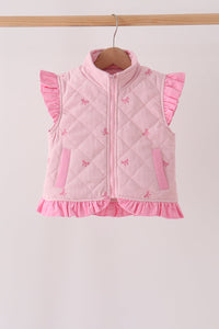 Pink corduroy bow embroidery ruffle vest