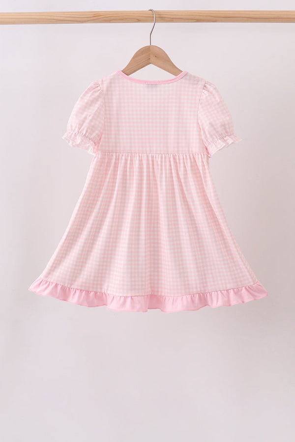 Pink Jack-O-Lantern Applique Dress on hanger, gingham fabric, puff sleeves, ruffled hem