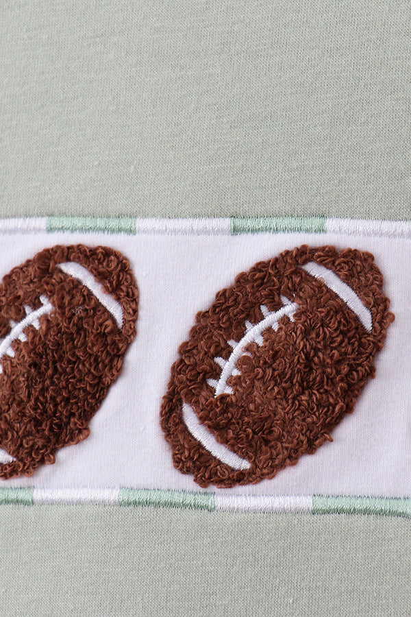 Boys' green football-themed gingham two-piece set with delicate French knot embroidery on a white stripe.