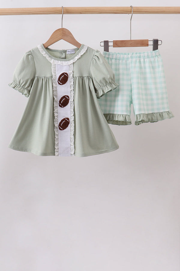 Green Football French Knot Gingham Ruffle Shorts Set with sage top, white lace trim, mint gingham shorts with ruffles.