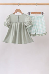 Green football french knot gingham ruffle shorts set