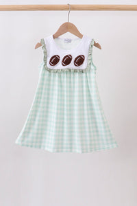 Green football french knot gingham ruffle dress