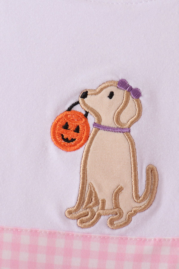 Embroidered puppy holding a pumpkin on light pink dress with pink gingham trim. Cute fall applique design for girls.