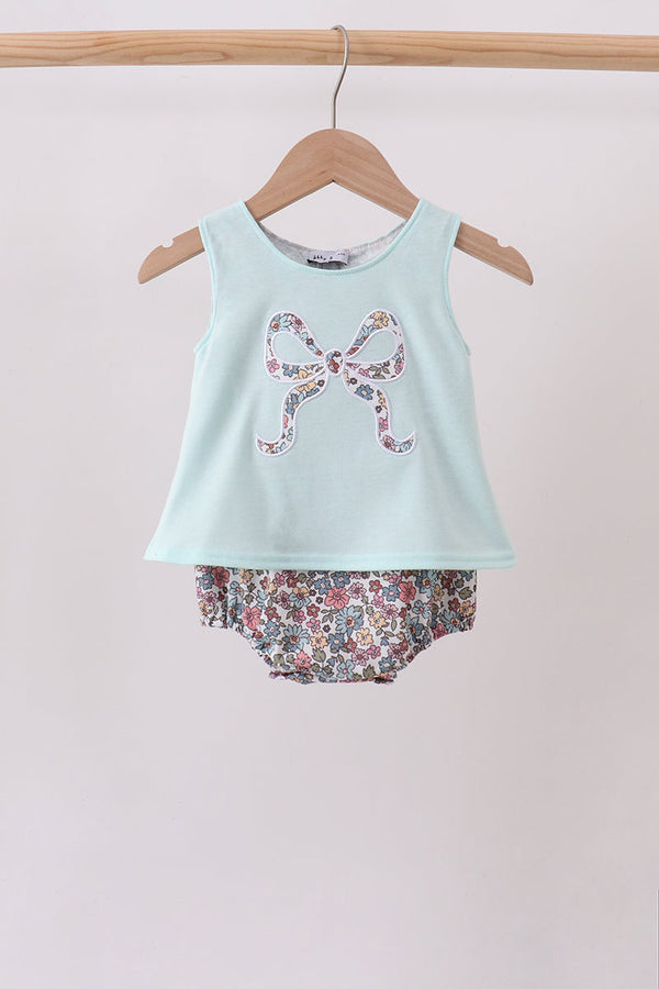 Blue Floral Bow Applique Bubble set: light blue sleeveless top with floral bow applique and matching floral bloomers.