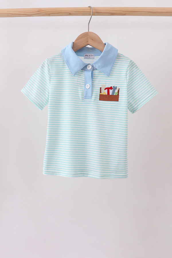 Blue Tool Embroidery Stripe Shirt: aqua polo with mint stripes, light blue collar, tool-embroidered chest pocket.