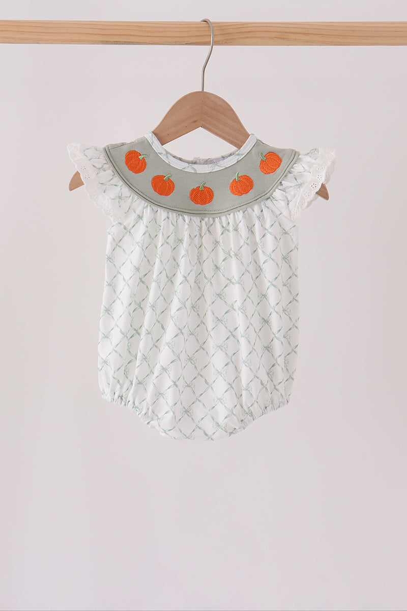 Sage Pumpkin Embroidered Bow Ruffle Bubble