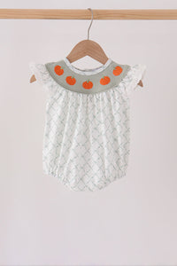Sage green baby bubble one-piece with embroidered pumpkin collar, white ruffled sleeves, and delicate fall pattern.
