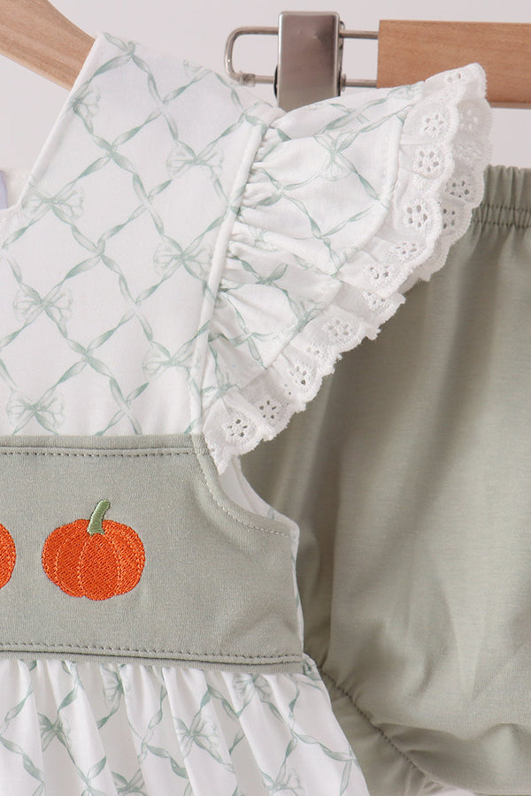Sage pumpkin embroidery bow ruffle bloomer set with delicate lace trim and soft autumn pattern.