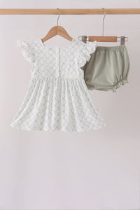 Sage pumpkin embroidery bow ruffle bloomer set with delicate ruffled hems and coordinating bow detail for fall festivities.