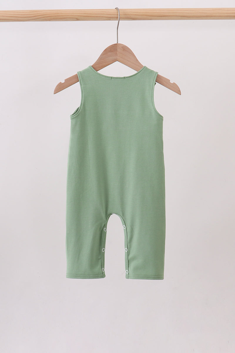 Sage green sleeveless smocked jon jon romper for babies with leg snaps