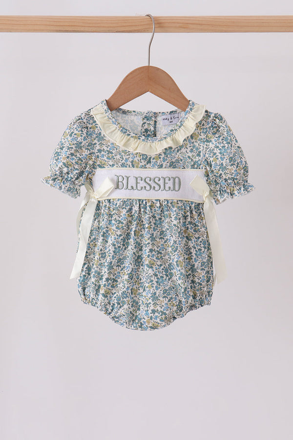 Sage Floral Blessed Smocked Ruffle Bubble - The Palm Beach Baby