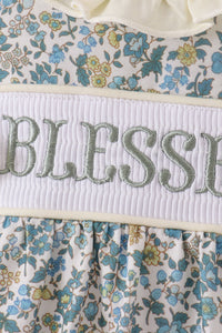 Sage Floral Blessed Smocked Ruffle Bubble - The Palm Beach Baby