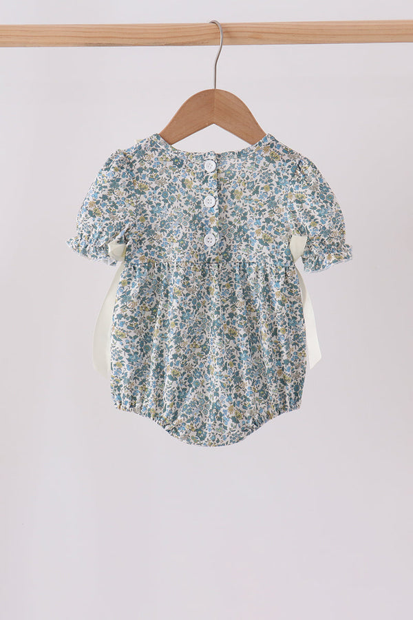 Sage Floral Blessed Smocked Ruffle Bubble - The Palm Beach Baby