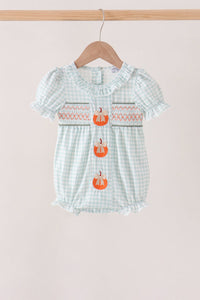Sage and pumpkin smocked gingham bubble with embroidered pumpkins and ruffled details.