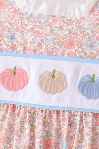 Pink pumpkin and floral embroidery on white band with soft floral print fabric for children's autumn bloomer set
