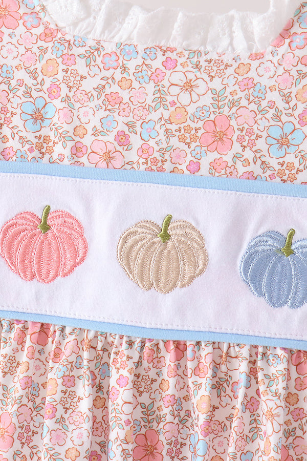 Pink pumpkin and floral embroidery on white band with soft floral print fabric for children's autumn bloomer set