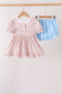Girls pink floral dress and light blue bloomer set with elastic waist, ruffled hem, and ribbon ties for comfortable autumn wear.