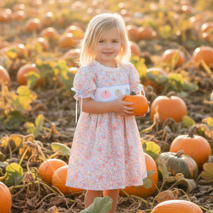 A toddler girl's short-sleeve dress with a pink, white, and blue floral print, featuring a white smocked chest panel with embroidered pumpkins and white ribbon ties, hanging on a wooden hanger against a neutral beige background.