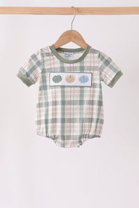Green plaid baby bubble with embroidered multi-colored pumpkins on front patch, featuring soft green trim and short sleeves for fall.