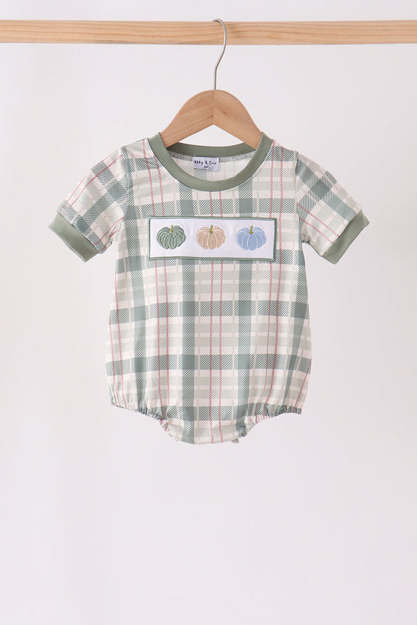 Green plaid baby bubble with embroidered multi-colored pumpkins on front patch, featuring soft green trim and short sleeves for fall.